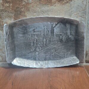Vintage Handmade Wendell August Tray Metal Aluminum Amish Farm Scene Decorative